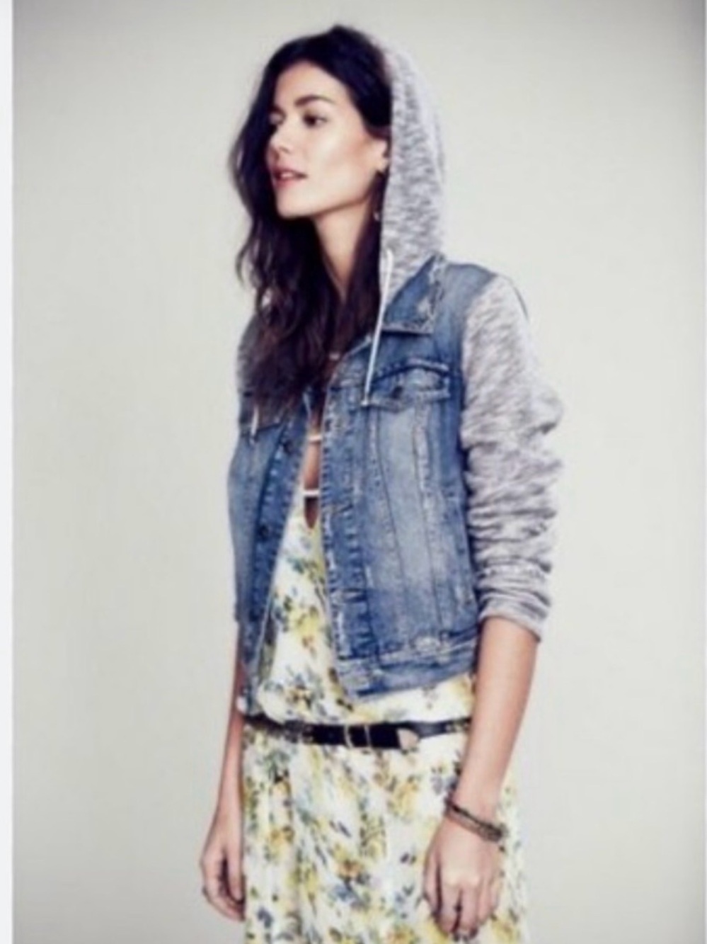 Free People Women’s Grey Sleeve knit Denim Hooded Jacket - Picture 2 of 4